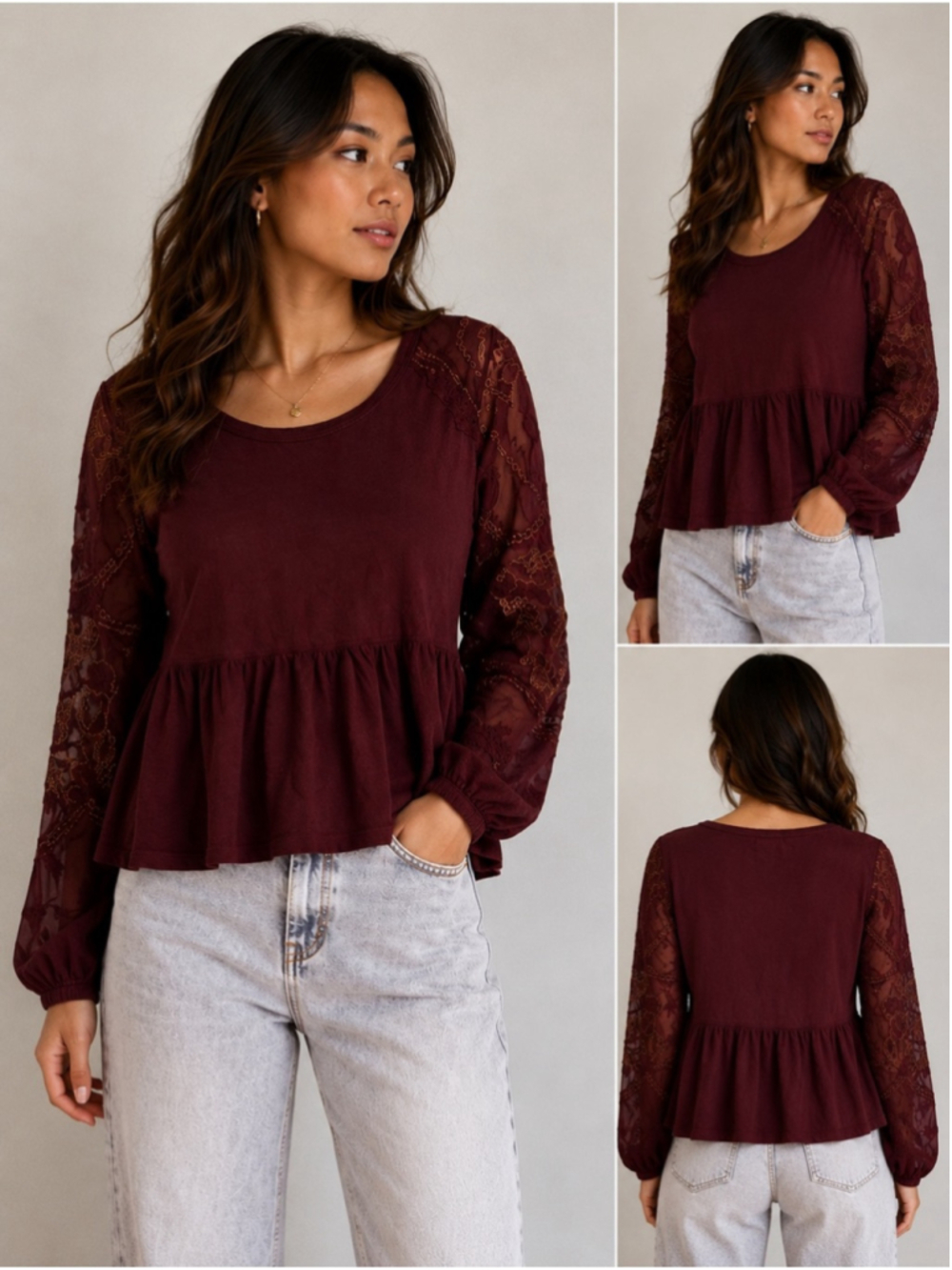 Free People Burgundy Lace Sleeve Peplum Top Size Medium Boho Romantic